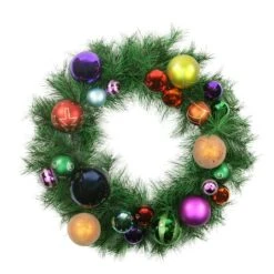 Northlight 24" Pre-Decorated Multicolor Ball Ornament Long Needle Pine Artificial Christmas Wreath, Unlit