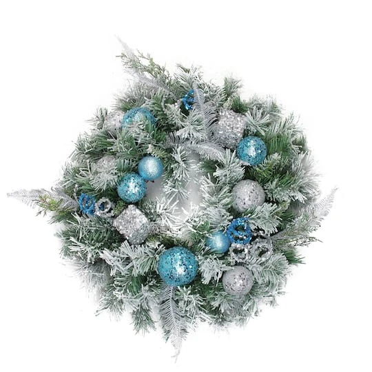Northlight 24" Blue & Silver Sequin Ornaments Artificial Flocked Pine Wreath 1 Northlight 24" Blue & Silver Sequin Ornaments Artificial Flocked Pine Wreath
