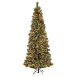 7ft. Pre-Lit Glistening Pine Pencil Slim Artificial Christmas Tree, Multicolor Lights