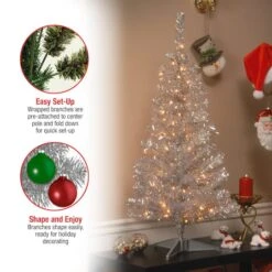 4ft. Pre-Lit Silver Tinsel Artificial Christmas Tree, Clear Lights -Michaels Store D205153S 17