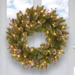 24" Glittery White Edged Cones & Red Berries Mountain Spruce Wreath With Warm White LED Lights -Michaels Store D206565S 2