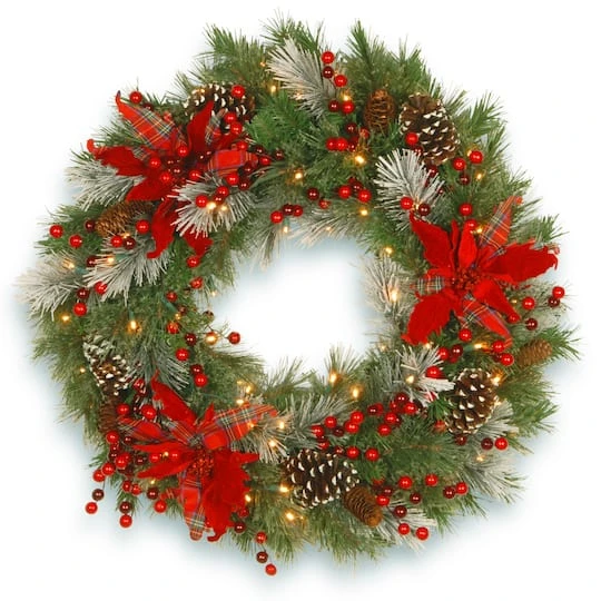 30" Pre-Lit Decorative Collection Cones, Red Berries & Poinsettias Tartan Plaid Wreath With Warm White LED Lights 1 30" Pre-Lit Decorative Collection Cones, Red Berries & Poinsettias Tartan Plaid Wreath With Warm White LED Lights