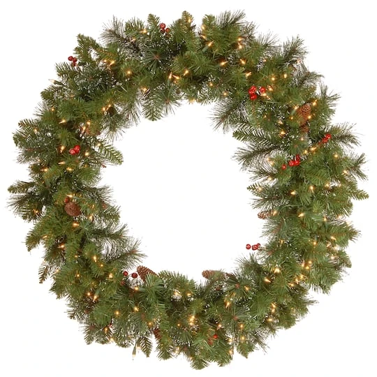 36" Crestwood Spruce Wreath With Silver Bristle, Cones, Red Berries & Glitter With 200ct. Clear Lights 2 36" Crestwood Spruce Wreath With Silver Bristle, Cones, Red Berries & Glitter With 200ct. Clear Lights - Image 2