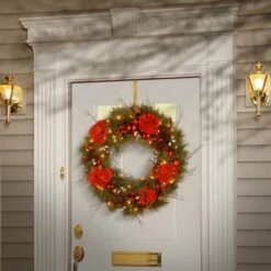 24" Decorative Collection Hydrangea Wreath With Cones, Red Berries & 50ct. Soft White Battery Operated LED Lights With Timer -Michaels Store D206595S 12
