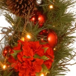 24" Decorative Collection Hydrangea Wreath With Cones, Red Berries & 50ct. Soft White Battery Operated LED Lights With Timer -Michaels Store D206595S 13