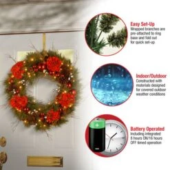 24" Decorative Collection Hydrangea Wreath With Cones, Red Berries & 50ct. Soft White Battery Operated LED Lights With Timer -Michaels Store D206595S 16