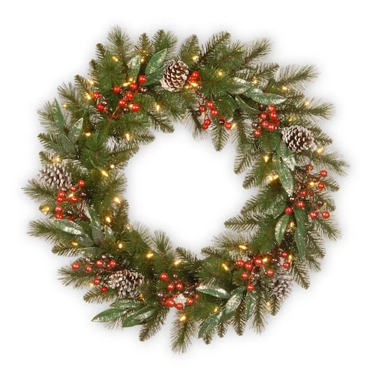 30" Frosted Pine Berry Collection Wreaths With Big White Edged Pine Cones, Red Berries, Silver Glittered Eucalyptus Leaves & Warm White LED Lights 1 30" Frosted Pine Berry Collection Wreaths With Big White Edged Pine Cones, Red Berries, Silver Glittered Eucalyptus Leaves & Warm White LED Lights