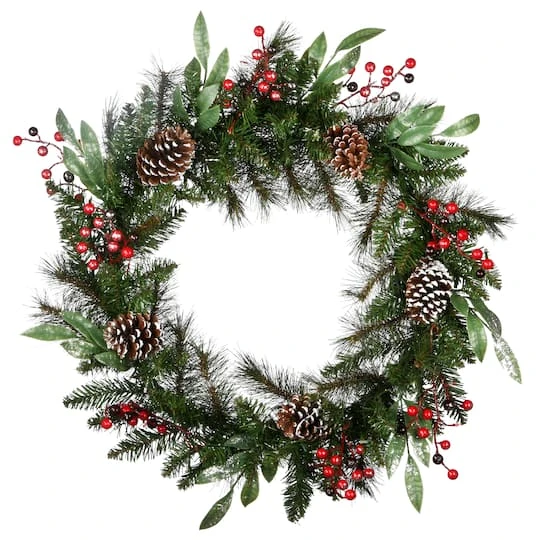 30" Frosted Pine Berry Collection Wreaths With Big White Edged Pine Cones, Red Berries, Silver Glittered Eucalyptus Leaves & Warm White LED Lights 4 30" Frosted Pine Berry Collection Wreaths With Big White Edged Pine Cones, Red Berries, Silver Glittered Eucalyptus Leaves & Warm White LED Lights - Image 4