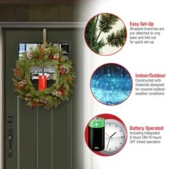 24" Feel Real® Bristle Berry Wreath With Red Electronic Candle, Red Berries & Cones -Michaels Store D206627S 15