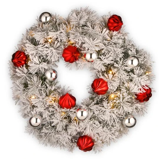 24" Snowy Bristle Pine Wreaths With Red & Silver Ornaments & Warm White LED Lights 1 24" Snowy Bristle Pine Wreaths With Red & Silver Ornaments & Warm White LED Lights