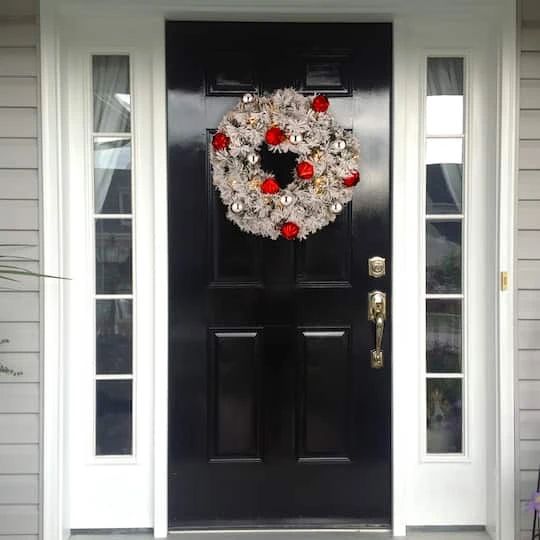 24" Snowy Bristle Pine Wreaths With Red & Silver Ornaments & Warm White LED Lights 3 24" Snowy Bristle Pine Wreaths With Red & Silver Ornaments & Warm White LED Lights - Image 3