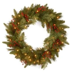 24" Feel Real® Classical Collection Wreath With Red Berries, Cedar Leaves & Warm White LED Lights