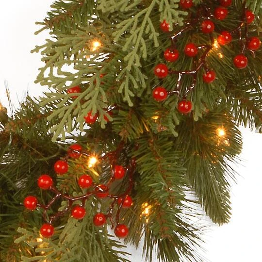 24" Feel Real® Classical Collection Wreath With Red Berries, Cedar Leaves & Warm White LED Lights 4 24" Feel Real® Classical Collection Wreath With Red Berries, Cedar Leaves & Warm White LED Lights - Image 4