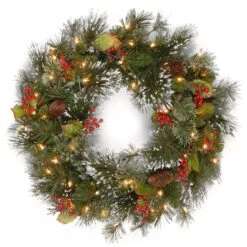 24" Wintry Pine® Wreath With Pine Cones, Red Berries, Snowflakes & Warm White LED Lights