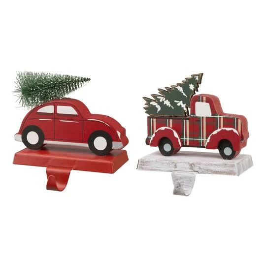 Glitzhome® 6" Red Car & Truck Stocking Holder Set 1 Glitzhome® 6" Red Car & Truck Stocking Holder Set