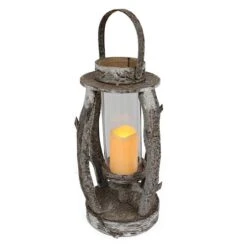 22.5" Round Wooden Lantern With LED Candle
