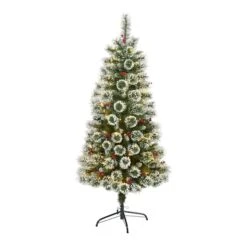 5ft. Pre-Lit Frosted Swiss Pine Artificial Christmas Tree With Berries, Clear LED Lights