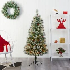 5ft. Pre-Lit Frosted Swiss Pine Artificial Christmas Tree With Berries, Clear LED Lights -Michaels Store D251291S 5