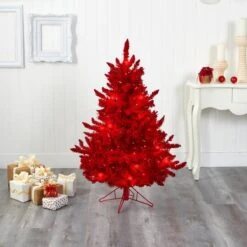 4ft. Pre-Lit Red Flocked Fraser Fir Artificial Christmas Tree With Red Lights -Michaels Store D251320S 5