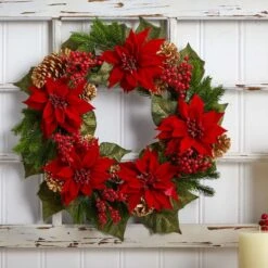 24" Poinsettia, Berry And Golden Pinecone Artificial Wreath -Michaels Store D251358S 14