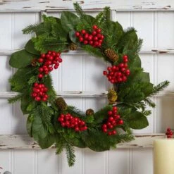 24" Magnolia Leaf, Berry & Pine Artificial Wreath -Michaels Store D251362S 15