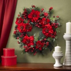 24" Red Poinsettia & Berry Wreath -Michaels Store D251370S 14