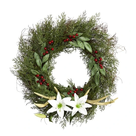 20" Cedar, Lilies & Berries With Antlers Wreath 1 20" Cedar, Lilies & Berries With Antlers Wreath