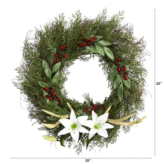 20" Cedar, Lilies & Berries With Antlers Wreath 4 20" Cedar, Lilies & Berries With Antlers Wreath - Image 4