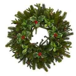 22" Pinecone & Holly Leaf Artificial Wreath