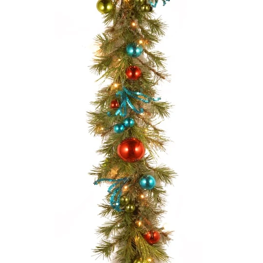 9ft. Pre-Lit LED Retro Red & Blue Ornament Garland 2 9ft. Pre-Lit LED Retro Red & Blue Ornament Garland - Image 2