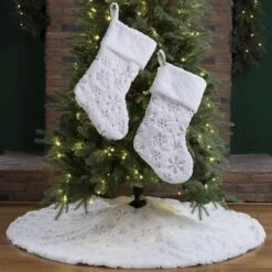 Glitzhome® White Plush With Snowflake Christmas Stocking & Tree Skirt Set -Michaels Store D252906S 2