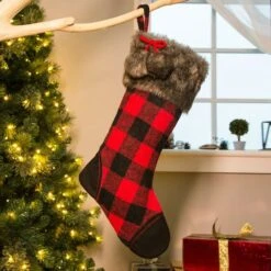 Glitzhome® 21" Fur Black & Red Buffalo Plaid Stocking -Michaels Store D252954S 2