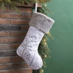 Glitzhome® 21" White Fleece With Christmas Tree & Snowflake Stocking 10 Glitzhome® 21" White Fleece With Christmas Tree & Snowflake Stocking -Michaels Store D252959S 2