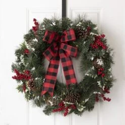 Glitzhome 24" Pre-Lit Buffalo Check Bow, Berry, Holly & Pinecone LED Wreath -Michaels Store D253606S 2