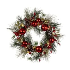 Glitzhome® 24" Pre-Lit Berry, Holly, Pinecone & Red Ornament LED Wreath