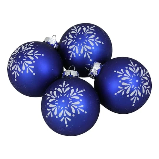 Northlight 4ct. 3" Royal Blue & White Snowflake Ball Glass Ornaments 2 Northlight 4ct. 3" Royal Blue & White Snowflake Ball Glass Ornaments - Image 2