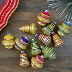 Northlight 12ct. 2.75" Purple & Yellow 2-Finish Striped Glass Finial & Bell Ornaments -Michaels Store D253811S 12