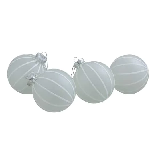Northlight 4ct. 3.5" Frosted Glitter White Striped Glass Ball Ornaments 2 Northlight 4ct. 3.5" Frosted Glitter White Striped Glass Ball Ornaments - Image 2
