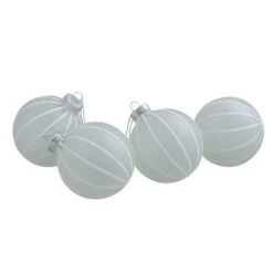 Northlight 4ct. 3.5" Frosted Glitter White Striped Glass Ball Ornaments