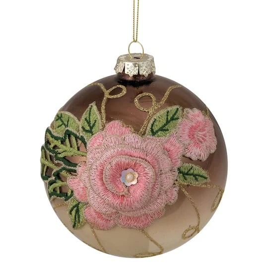 Northlight 5" 2-Finish Brown & Pink Floral Applique Glass Ball Ornament 1 Northlight 5" 2-Finish Brown & Pink Floral Applique Glass Ball Ornament