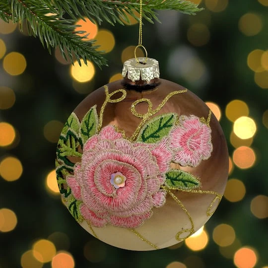 Northlight 5" 2-Finish Brown & Pink Floral Applique Glass Ball Ornament 5 Northlight 5" 2-Finish Brown & Pink Floral Applique Glass Ball Ornament - Image 5
