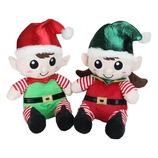 Northlight 13" Red Plush Sitting Boy & Girl Christmas Elf Figure Set 2 Northlight 13" Red Plush Sitting Boy & Girl Christmas Elf Figure Set - Image 2