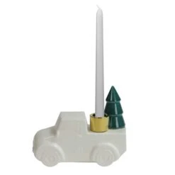 Northlight 5" White Ceramic Truck With Christmas Tree Taper Candlestick Holder