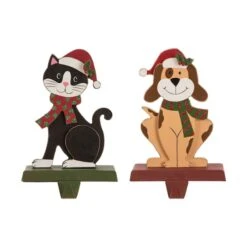 Glitzhome® 8" Wooden Metal Cat And Dog Stocking Holder Set