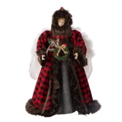 Glitzhome® 16" Red Plaid Faux Fur Angel Tree Topper