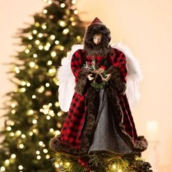 Glitzhome® 16" Red Plaid Faux Fur Angel Tree Topper -Michaels Store D254165S 2