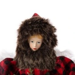 Glitzhome® 16" Red Plaid Faux Fur Angel Tree Topper -Michaels Store D254165S 3