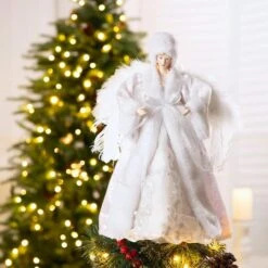 Glitzhome® 16" White Faux Fur Christmas Angel Tree Topper -Michaels Store D254172S 2