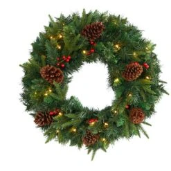 24" Clear LED Mixed Pine & Berries Christmas Wreath