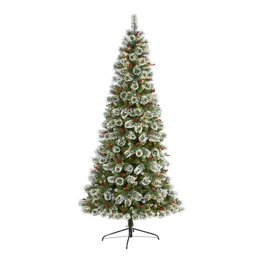 8ft. Pre-Lit Frosted Swiss Pine & Berries Artificial Christmas Tree With Clear LED Lights 1 8ft. Pre-Lit Frosted Swiss Pine & Berries Artificial Christmas Tree With Clear LED Lights